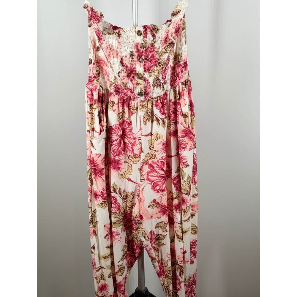 Jolie & Joy Floral Strapless Smocked Jumpsuit Pink Hibiscus 1X